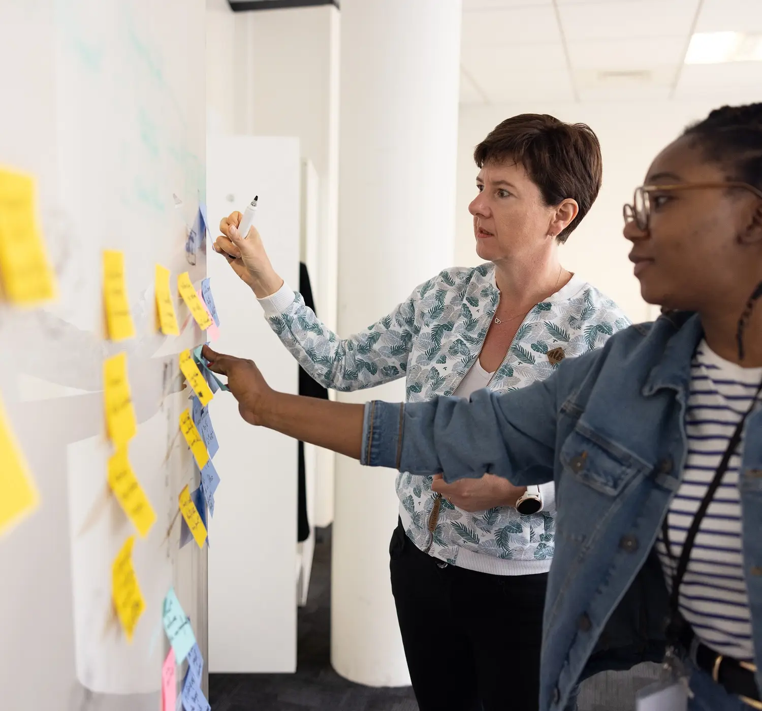 Deux femmes collaborent en organisant des idées sur un tableau.