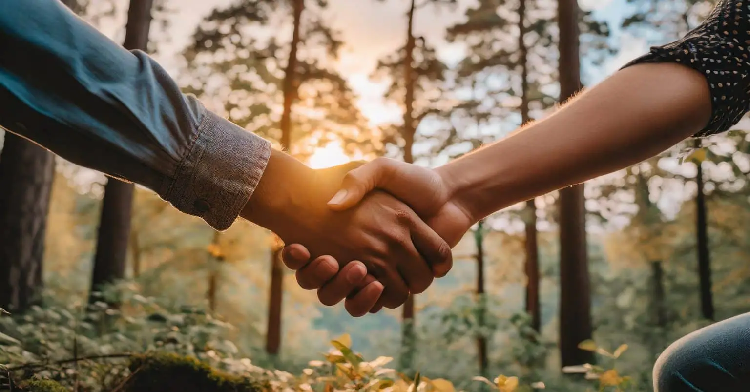 Deux personnes se tiennent la main dans la forêt.