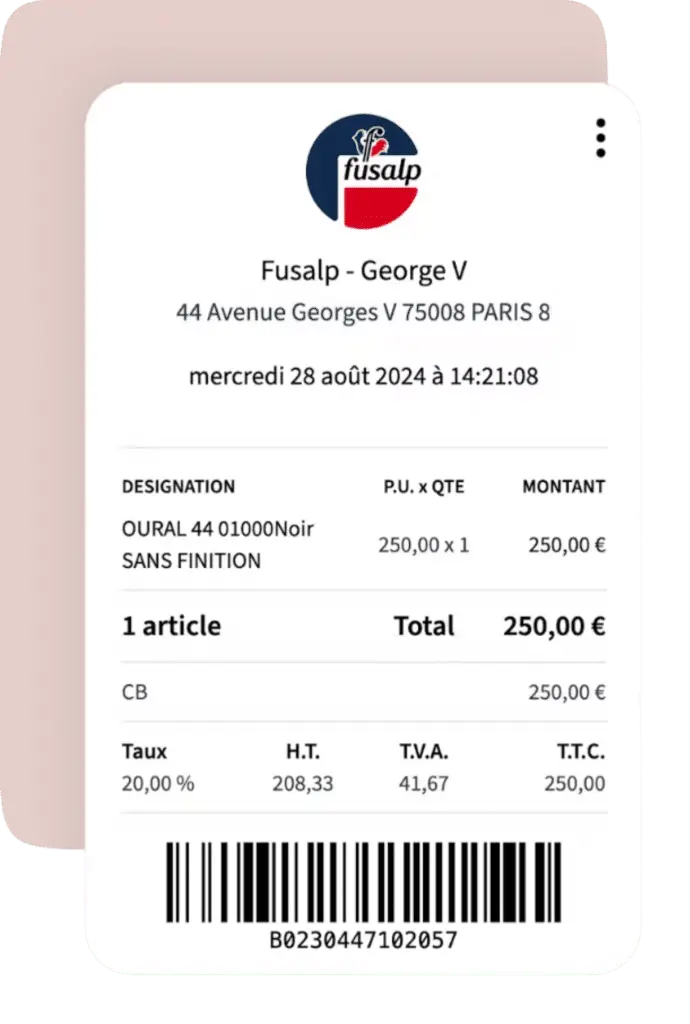 Ticket de caisse digital au format mobile, affichant le logo de la boutique, les informations de transaction et un code-barres, tel que présenté via la solution Billiv pour moderniser l’expérience d’achat et renforcer la relation client.