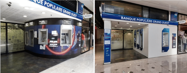 photo avant après des travaux réalisés par AVEM pour les agences bancaires BPGO sur le mur libre service bancaire